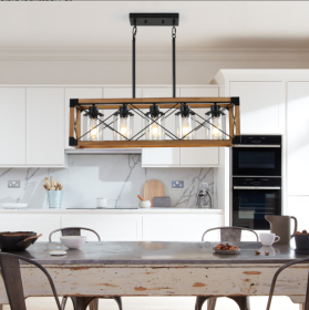32 Walnut Industrial Farmhouse Rectangle Pendant Light, 5-Light Chandelier With Lampshades For Dining Room, Kitchen Island, Cafe Decor No Bulbs