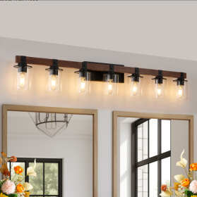 50 Rustic 7-Light Vanity Light, Industrial Bathroom Wall Sconce With Glass Shades And Wood Accent, Modern Farmhouse Lighting Fixture No Bulbs