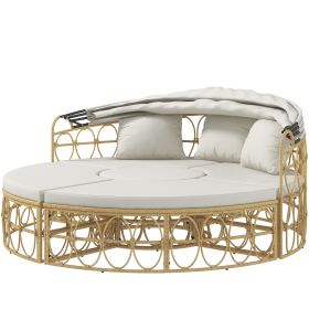 Outsunny Patio Furniture Set, Round Outdoor Daybed with Retractable Canopy, Hollow Wicker PE Rattan Sectional Sofa with Cushions for Pool, Lawn,