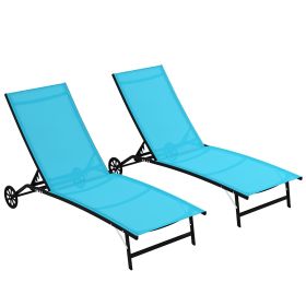 Outsunny Outdoor Chaise Lounge 2PC, Wheels, 5 Adjustable Positions, Blue