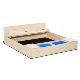 Outsunny Kids Wooden Sandbox with Convertible Bench Seat, 2 Side Buckets, Waterproof Cover, and Storage Space