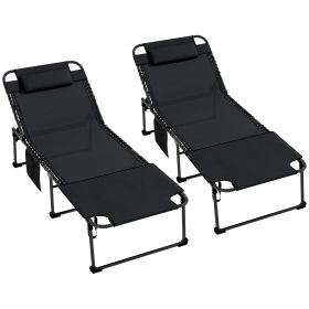 Outsunny 2 Piece Folding Chaise Lounge Pool Chairs Black with 5-level Reclining Back, Reading Hole, Side Pocket for Outdoor Enjoyment
