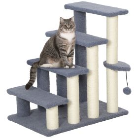 PawHut 4 Levels Cat Steps, Pet Stairs Carpeted Ladder, Kitten Tree Climber with Scratching Posts, Hanging Play Ball, Side Step, for High Bed, Sof