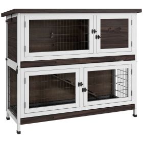 PawHut Rabbit Hutch, Outdoor 2-Tier Rabbit Cage, 46" Wooden Guinea Pig Cage with Double Removable Trays, Ramp, Asphalt Roof for 1-2 Rabbits