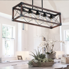 32 Red Wood Industrial Farmhouse Rectangle Pendant Light, 5-Light Chandelier With Lampshade For Dining Room, Kitchen Island, Cafe Decor No Bulbs
