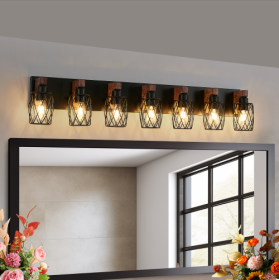 Industrial Vintage 7-Light Wall Sconce - Black Cage Wall Lighting Fixture With Wooden Accents For Bathroom, Hallway, Or Living Room Bulb Not Included
