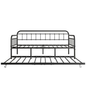 Twin Size Metal Daybed Frame With Trundle, Heavy Duty Steel Slat Support Sofa Bed Platform With Headboard, No Box Spring Needed, Black (Color: black)