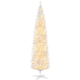 HOMCOM 8' Tall Pre-Lit Slim Noble Fir Artificial Christmas Tree with 300 Warm White LED Lights and 618 Tips, for Christmas Decoration, White (Color: White)