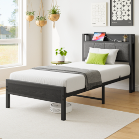 Twin Size Bed Frame, Storage Headboard With Charging Station, Solid And Stable, No Box Spring Needed, Easy Assembly (Color: black)
