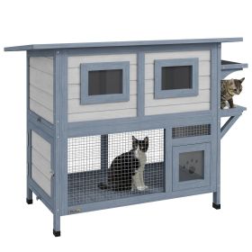 PawHut Outdoor Cat House, 2 Tier Weatherproof Feral Cat Shelter with Escape Door, Asphalt Roof, Jump Platform, Large Wooden Cat House for Outside (Color: as Pic)