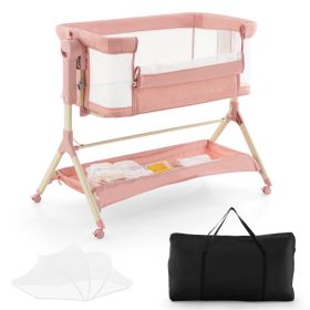 hHeight Adjustable Bedside Sleeper with Storage Bag and Soft Mattress for Baby (Color: Pink)
