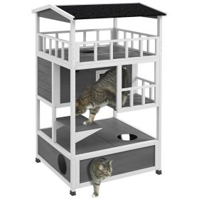 PawHut Wooden Outdoor Cat House, Feral Cat Shelter Kitten Condo with Asphalt Roof, Escape Doors, Condo, Jumping Platform, Light Gray (Color: as Pic)
